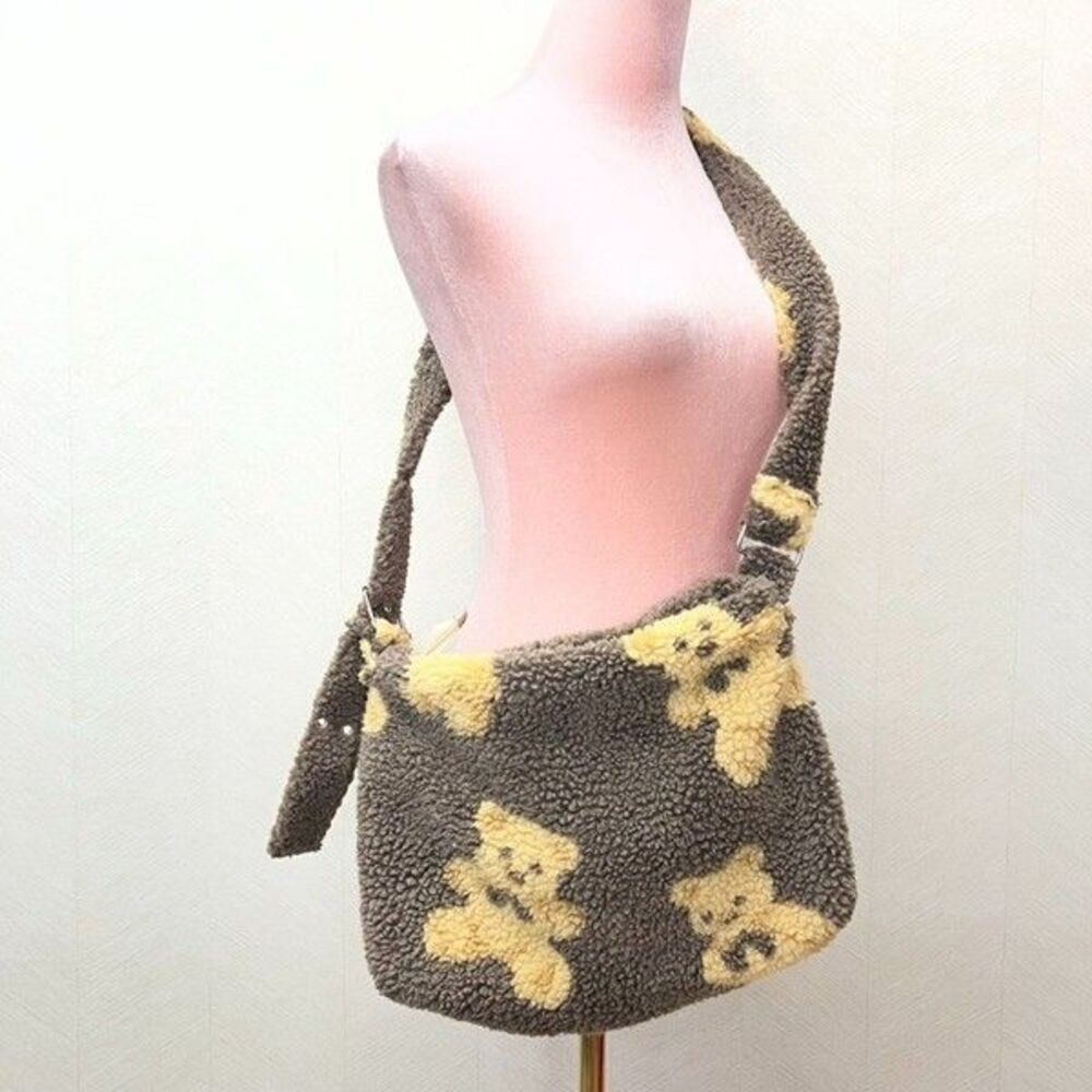 Brown Fluffy Soft Faux Fur Teddy Bear Adjustable Strap Shoulder Bag Womens